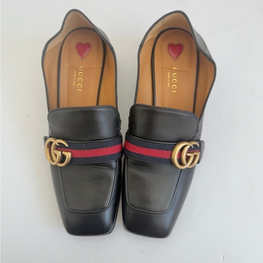 Gucci Black leather GG Web Pearl embellished Peyton loafers block heel EU 38 - Picture 2 of 11